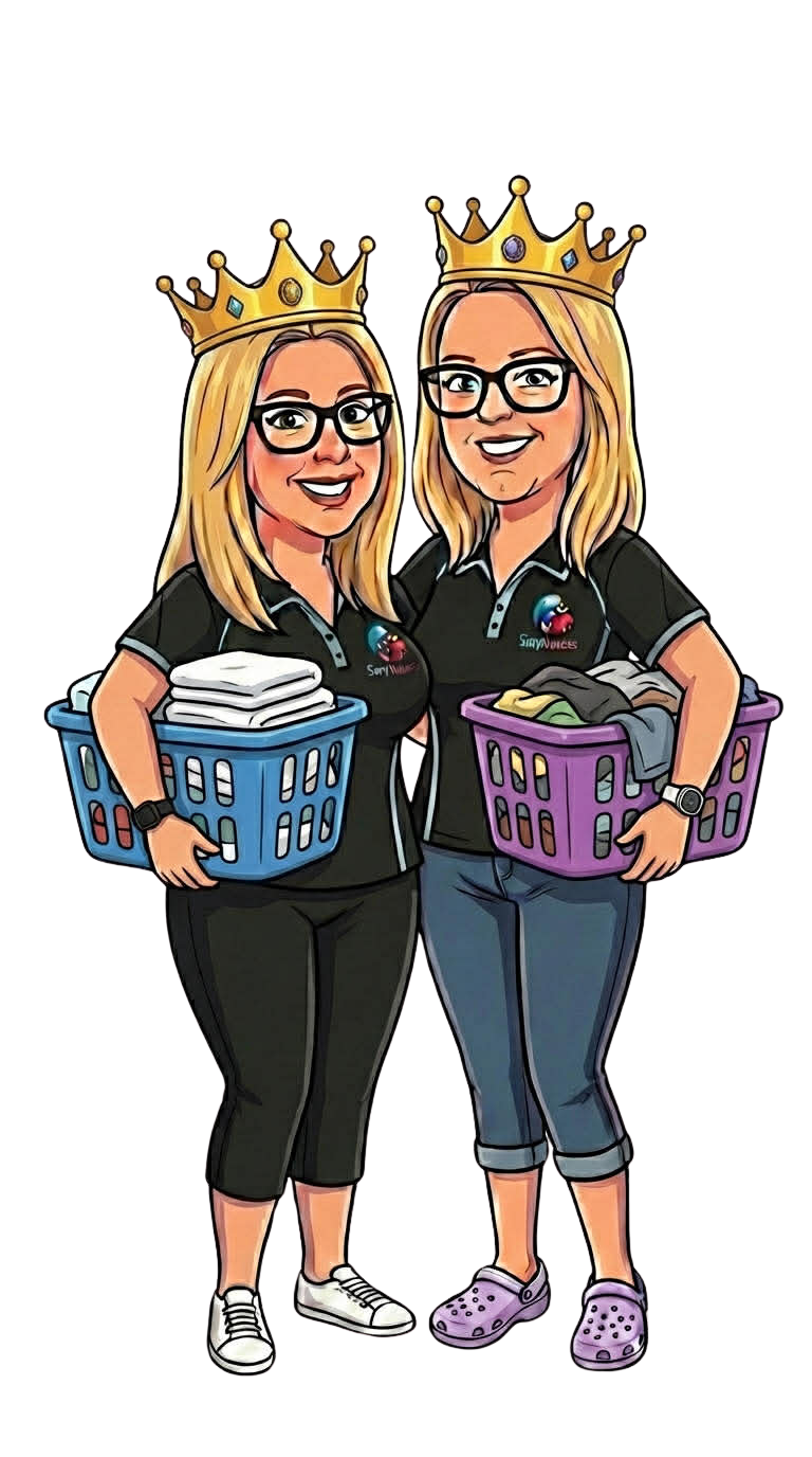 Cherene and Karen, the Soap Queens owners, holding laundry baskets
